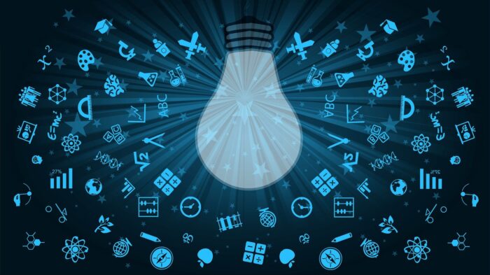 A lightbulb illuminating the different types of skills to learn that surround it.