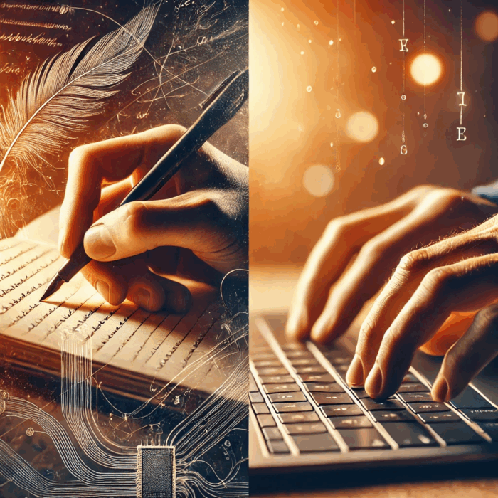 A split-screen image comparing handwriting and typing: on the left, a hand writes with a pen in a notebook; on the right, fingers type on a laptop keyboard.