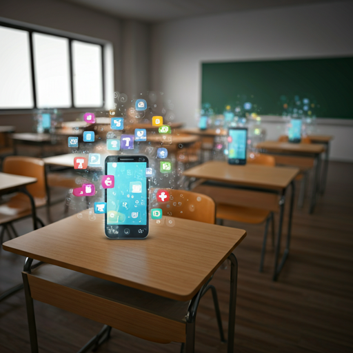 An image of a classroom with empty desks with smartphones on them and social media app icons floating around, emphasizing the contrast between the learning environment and the pull of social media.